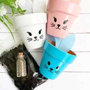 Könnte beinhalten: Drei kleine Terrakotta-Töpfe, die in Weiß, Rosa und Blau mit Hasenohren und Gesichtern bemalt sind. Eine kleine Flasche Samen und eine Tüte Blumenerde sind enthalten.