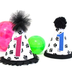 CUSTOMIZABLE Pet Puppy Dog / Cat MINI Birthday Party Cake Smash Cake Hat Paw Print Black & White Fabric - Pink Gold Blue Silver Red Number