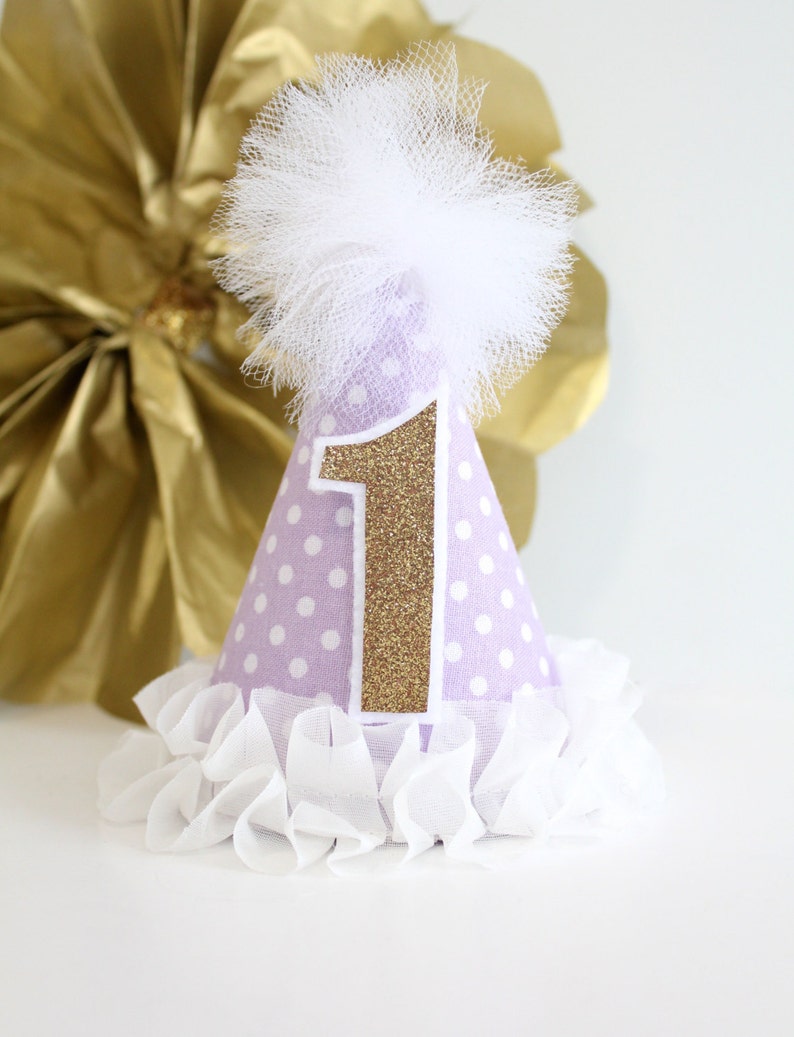 Baby Child Adult Dog Light Purple Lavender /& White Polka Dot MINI Birthday Cake Smash Party Hat w Silver or Gold Glitter # OR Hair Bow