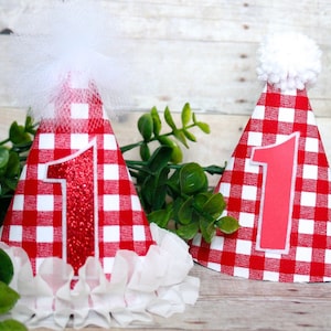 Rot karierte Gingham MINI Geburtstagsparty Kuchen Smash Erster Geburtstag Hut Zwillinge Erdbeere Land Fair Grillen Picknick Hund Katze Hut Haarschleife oder Fliege