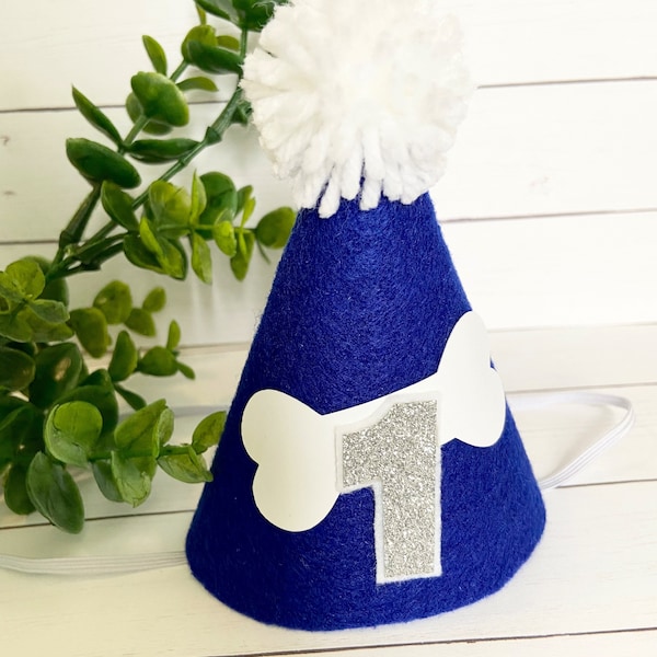 CUSTOMIZABLE Dog Bone MINI Birthday Cake Smash Party Hat / Headband in Blue with Gold or Silver Glitter Number