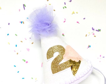 White & Lilac Purple Glitter Ice Cream Cone MINI Birthday Party Hat w/ Pom Pom Trim Customizable Cake Smash Baby Child Adult Dog Cat Pet