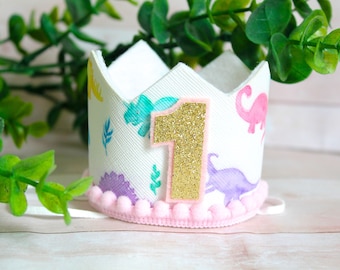 Dinosaur Dino Mini Birthday Party Crown Headband: Gold Glitter Number, Cake Smash Prop