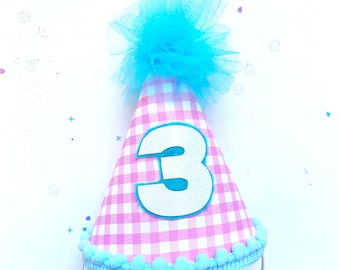 Pink Turquoise Blue Gingham Plaid MINI Birthday Party Hat Headband First Birthday Cake Smash Dog Cat