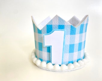 Rosa chiaro azzurro plaid a quadretti MINI festa di compleanno corona cappello fascia primo compleanno torta Smash cane gatto Personalizza Personalizza