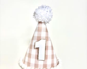 Gingham Mini Birthday Party Hat: Beige Brown Plaid, Pom Pom Headband