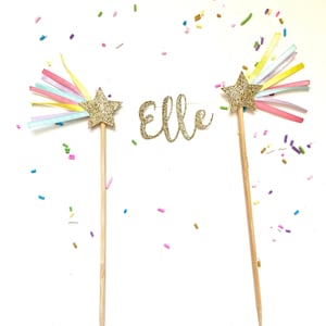 PERSONALIZED Custom Name or Age Cake Topper with Gold or Silver Glitter Shooting Stars and Rainbow Ribbons - Cake Smash Cake Banner Bunting