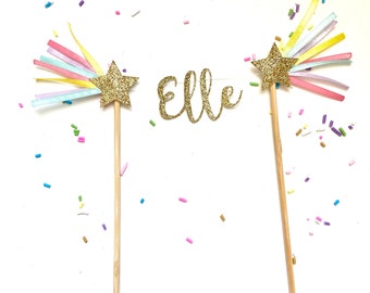 PERSONALIZED Custom Name or Age Cake Topper with Gold or Silver Glitter Shooting Stars and Rainbow Ribbons - Cake Smash Cake Banner Bunting