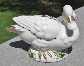 Chelsea Gardens Pomander Duck by Elizabeth Arden, White Porcelain Decorated with Gold & Flower sprays and leaves, Vintage Ceramic Pomander