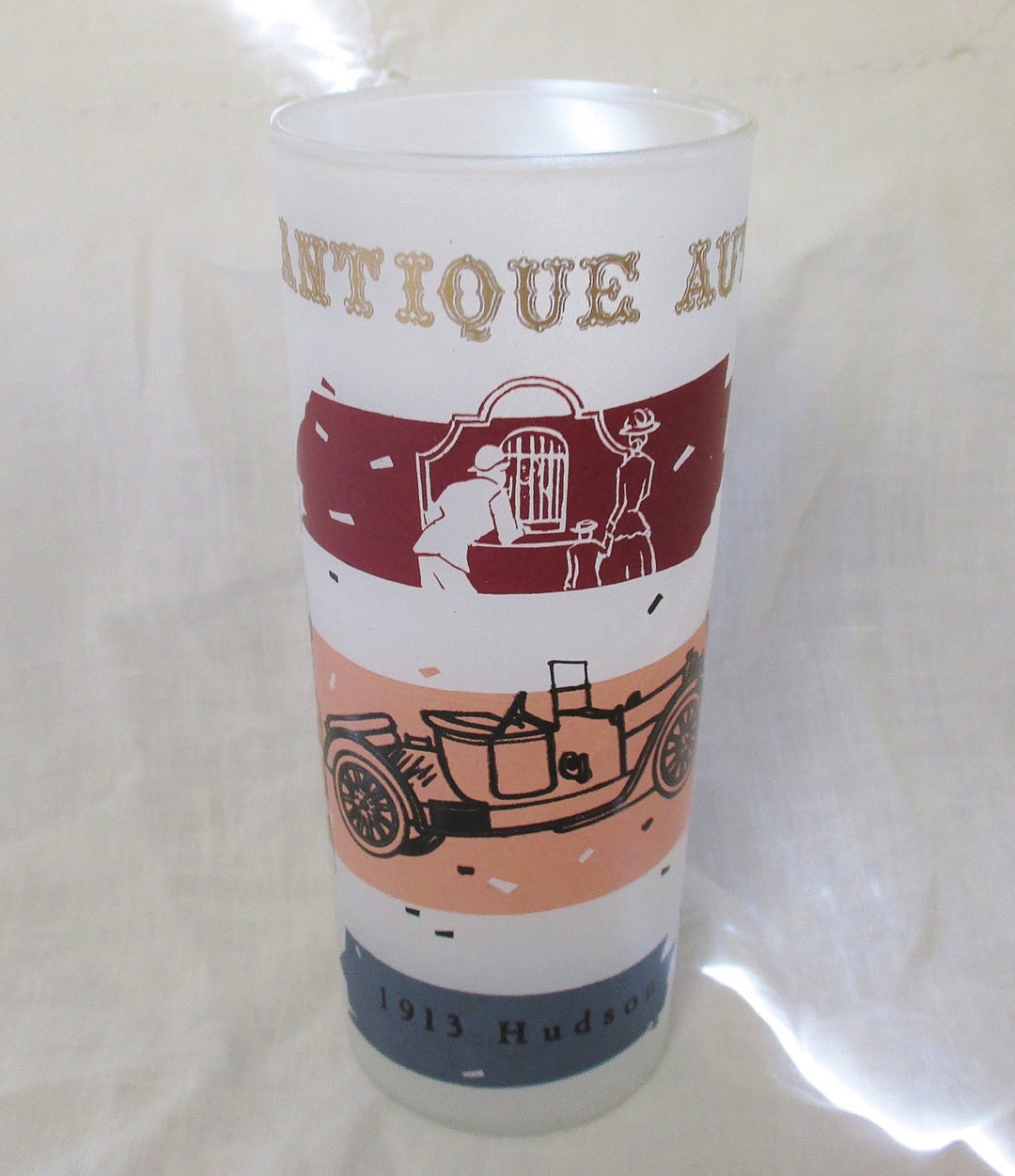 Vintage Frosted Antique Auto Glass Tumbler, Anchor Hocking Glass 1906