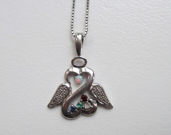 Vintage Swan Five Gemstone Pendant Necklace, Diamond Emerald Garnet Opal Sapphire Necklace, vintage SS Jewelry, textured Swan Necklace