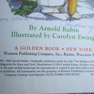 May include: A Golden Book cover with a white background and colourful illustrations. The book is titled "Christmas of '95" and is written by Arnold Rabin and illustrated by Carolyn Ewing. The copyright information is included at the bottom of the cover.