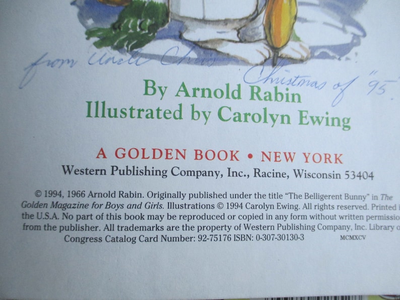 May include: A Golden Book cover with a white background and colourful illustrations. The book is titled "Christmas of '95" and is written by Arnold Rabin and illustrated by Carolyn Ewing. The copyright information is included at the bottom of the cover.