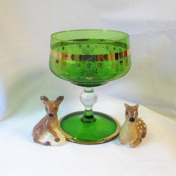 Vintage Green Glass Pedestal Candy Bonbon Dish Compote Bowl with Gold Designs & Applied Red Glass Beads, Holiday Centerpiece Decor