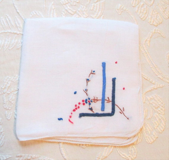 Vintage Red White & Blue Embroidered Linen Hanky,… - image 3