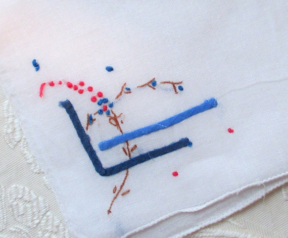 Vintage Red White & Blue Embroidered Linen Hanky,… - image 1