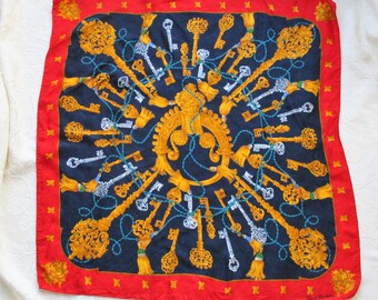 Vintage Renato Balestra Keys Italian Silk Scarf, Designer Accessories, Designer Scarf, Keys Scarf, Indigo Red Gold Scarf