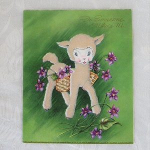 Vintage Grußkarte Fuzzy Lamm, Lila Feldblumen, Gute Besserung Karte, Vintage Karte, 1950s Ephemera, Mid Century, Hergestellt in den USA