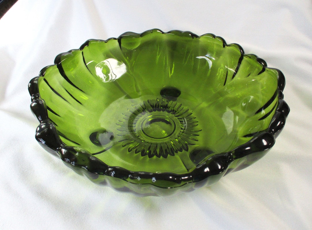 Vintage Heavy Green Glass Bowl, Large Footed Glass Bowl, Decorative Glass Bowl, Heavy Glass