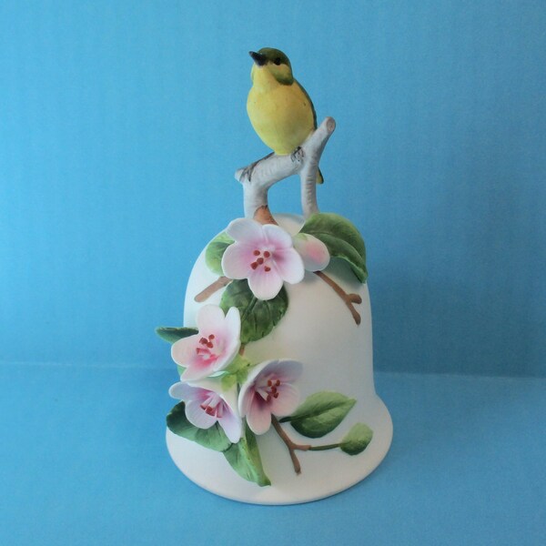 Vintage Otagiri Japan Porcelain Bell with Bird in Cherry Blossoms, Yellow Breasted Chat on Bell, Bird Lover Decor, Bell Collector