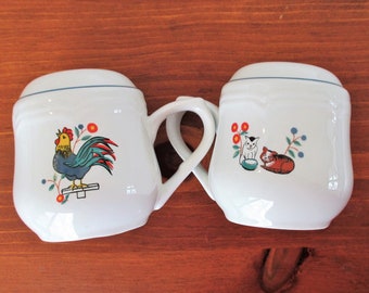 Vintage Ceramic Rooster & Kitty Cats Salt and Pepper Shakers - Farmhouse Kitchen Decor