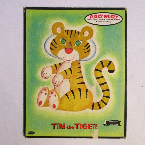 Vintage Fuzzy Wuzzy Frame Tray Puzzle Tim the Tiger, Whitman Flocked Preschool Picture Puzzle No. 4422, Cute Retro Animal 1960s,Tiger Puzzle