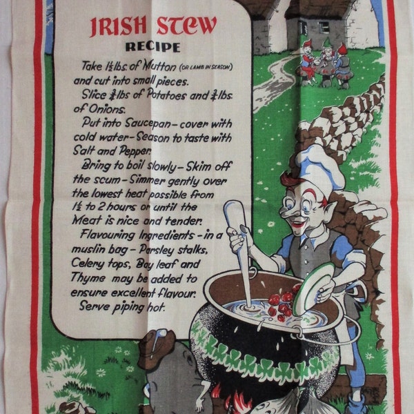 Vintage Nelson Irish Pure Linen Towel, Irish Stew Recipe, Ireland Souvenir, Leprechauns, St. Patrick's Day Collectible,  Nelson Ireland