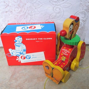 Fisher Price Toy Fest Repro Squeaky the Clown Pull Toy, 1995 Limited Edition Pull Toy Replica, Fisher Price East Aurora NY, Collectible