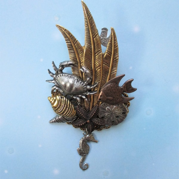 Sea Life Brooch Highly Detailed in Gold Silver Copper, Ocean Crab Starfish Sand Dollar Mermaid Tassel Sea Horse Brooch Pin, Beach Jewelry