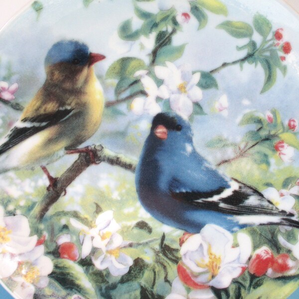 Ceramic Bird Plate Wall Hanging, Northern Parula Pair in Cherry Blossoms, Vintage Decorative Plate 6 Inch Diameter, Blue Bird Wall Decor