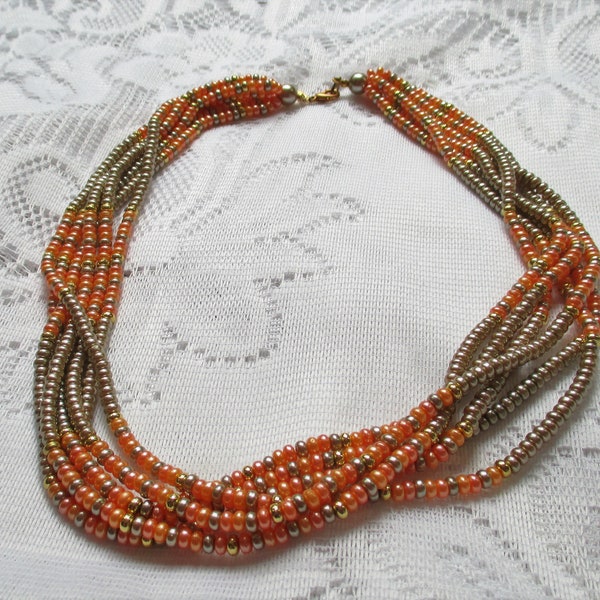 Vintage Lady Remington Six Strand Necklace, Fall designer Jewelry, Muted Orange & Gold  Bead Necklace, LR Jewelry