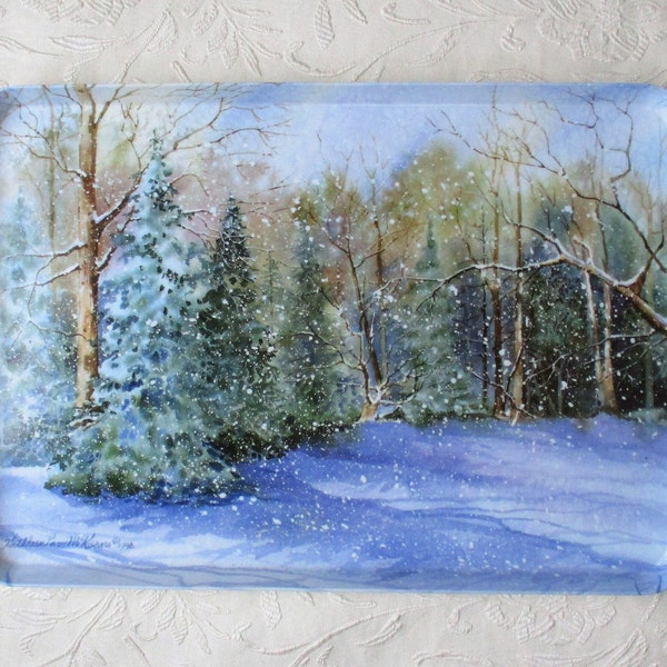 Vintage Large Melamine Serving Tray with Beautiful Winter Forest Scene, Melplus by R2S, Made in Italy, 12 x 17 Drink Tray for Entertaining