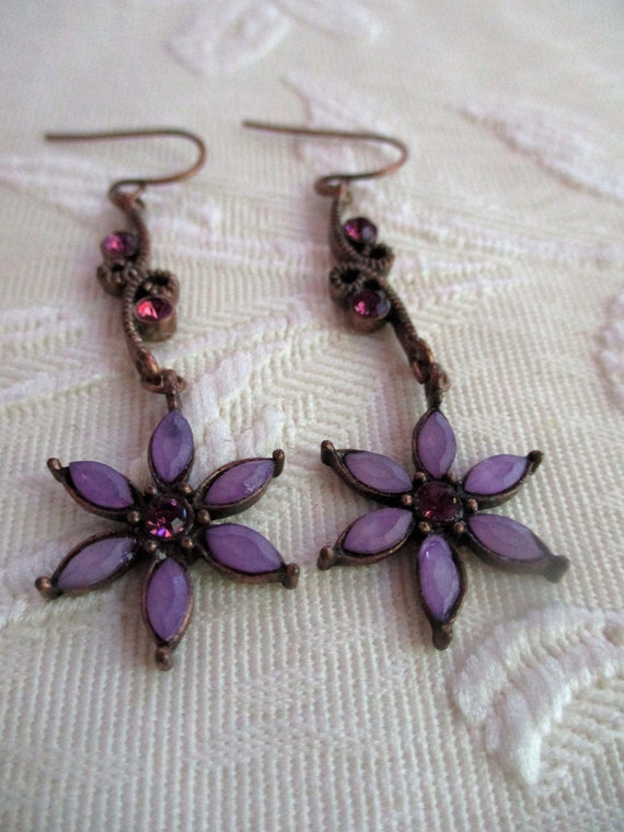 Vintage Purple Fashion Bug Earrings, Purple Flowe… - image 1