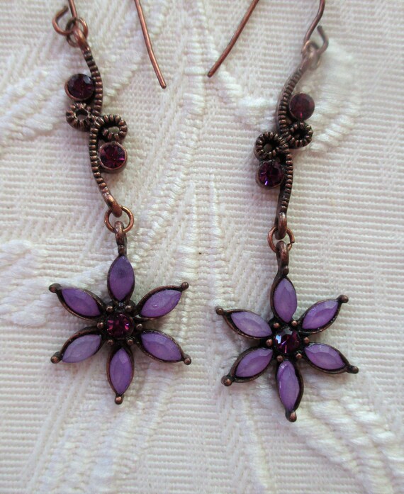 Vintage Purple Fashion Bug Earrings, Purple Flowe… - image 3