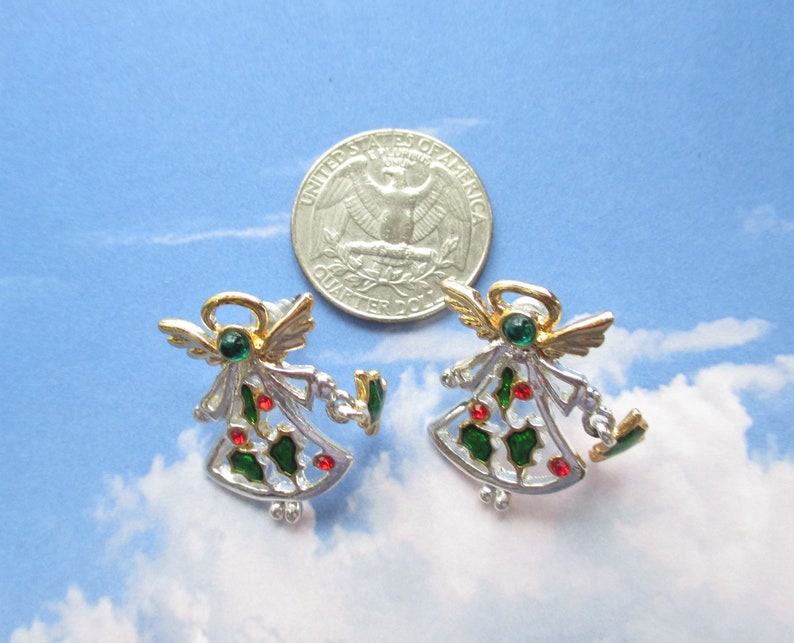 Christmas Angel Earrings with Enamel Holly Charms and Red /& Green Crystals Vintage Festive Earrings Stocking Stuffer