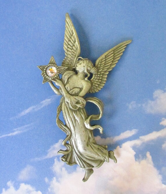 Vintage JJ Angel Brooch, Pewter Beautiful Angel Holding Crystal Star, Jonette Jewelry Pin, Collectible Jewelry, Christmas Angel