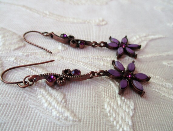 Vintage Purple Fashion Bug Earrings, Purple Flowe… - image 5