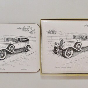 Pierce Arrow 1929, Artist signed Illustrated Blank Cards Set with Coffee Mug Hot Pad, Automobile Art by Gary Geivett,New Old Stock, Dad Gift