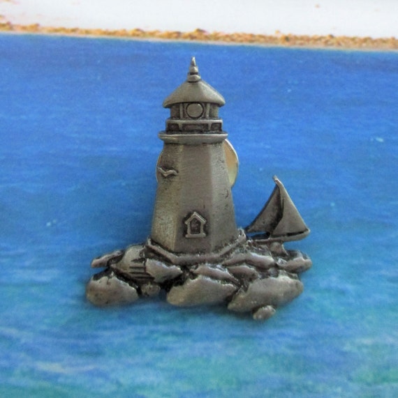 Vintage JJ Lighthouse Pin, Pewter Lighthouse on R… - image 1