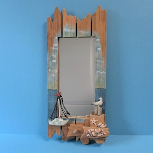 Wooden Nautical Frame Wall Hanging with Mirror, Fishing Boat, Seagull, Seashells & Starfish, Vintage Hand Painted Beach Mirror,Coastal Decor