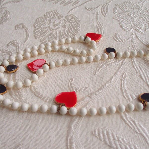 Litttle Enamel Hearts on White Lucite Beads, Vintage Red Heart Charms Necklace, Long White Necklace with Hearts, Valentines Day