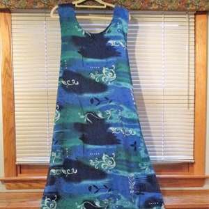 Vintage Long Sleeveless Summer Dress by Looking Good, Long Blue & Green Print Dress side slits, Polyester Dress Made in USA