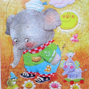 Vintage Pfauenfeder Puzzle Rahmen Puzzle Elefant geht spazieren #4511-1B, Kinder Puzzle, 1960er Jahre Puzzle, Retro Spielzeug
