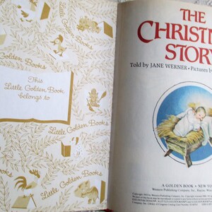 May include: A vintage Little Golden Book titled "The Christmas Story" with illustrations of a baby Jesus in a manger. The cover features a gold and white pattern with the words "Little Golden Books" repeated throughout.