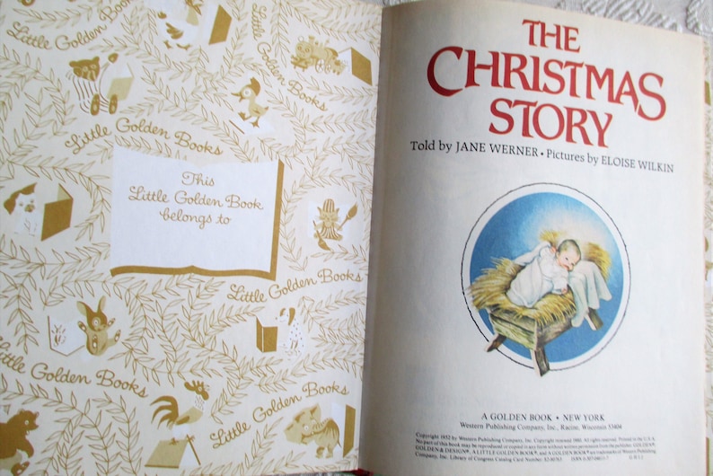 May include: A vintage Little Golden Book titled "The Christmas Story" with illustrations of a baby Jesus in a manger. The cover features a gold and white pattern with the words "Little Golden Books" repeated throughout.
