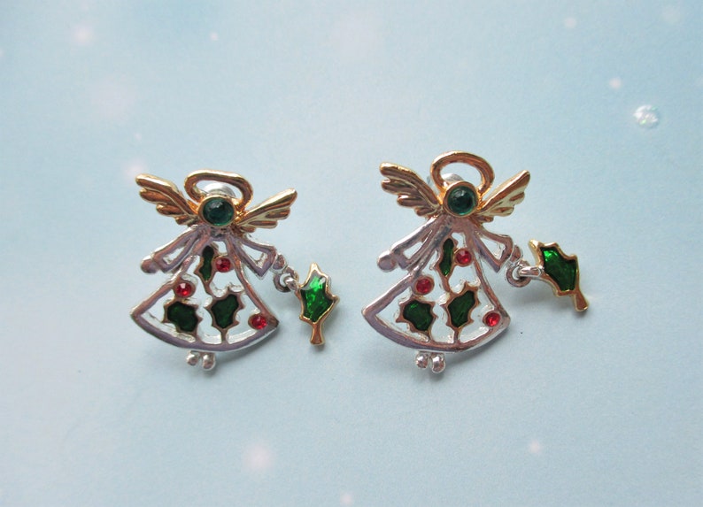 Christmas Angel Earrings with Enamel Holly Charms and Red /& Green Crystals Vintage Festive Earrings Stocking Stuffer