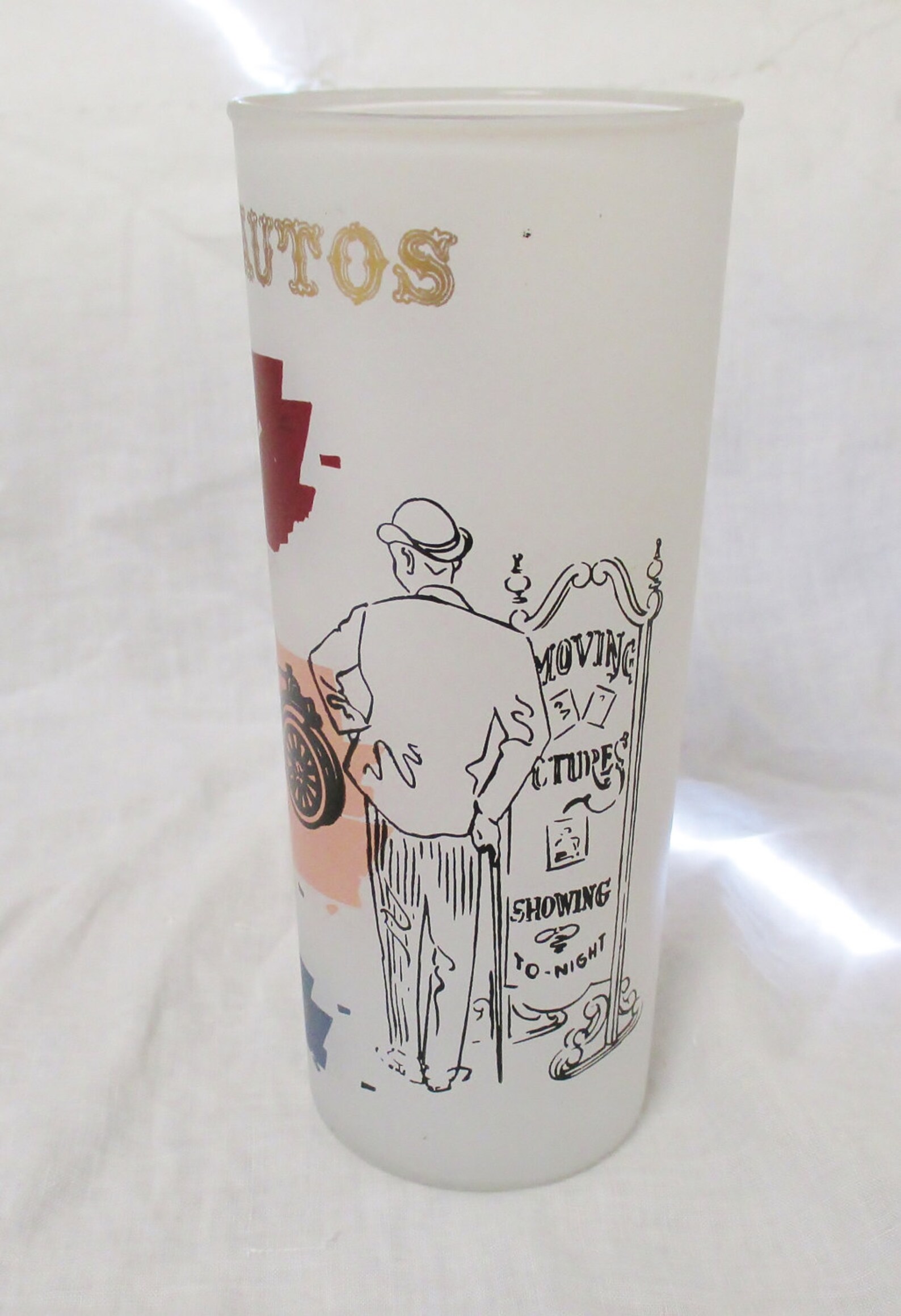 Vintage Frosted Antique Auto Glass Tumbler, Anchor Hocking Glass 1906
