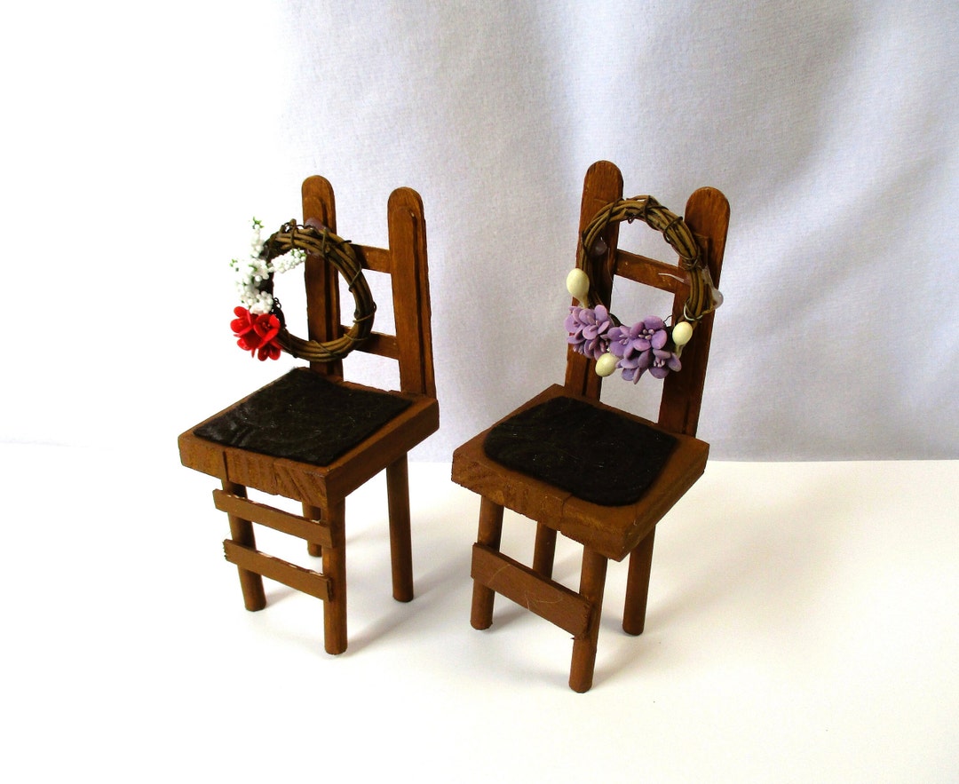 Miniature Chairs Made From Popsicle Sticks With Tiny Floral Wreaths Attached, Vintage Doll House