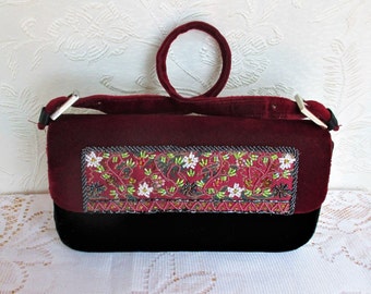 Vintage Red Velvet Beaded Evening Bag, Luxurious Black & Red Velvet Purse, UK Import Designer Bag, Formal Bag, Flap Snap Closure Purse