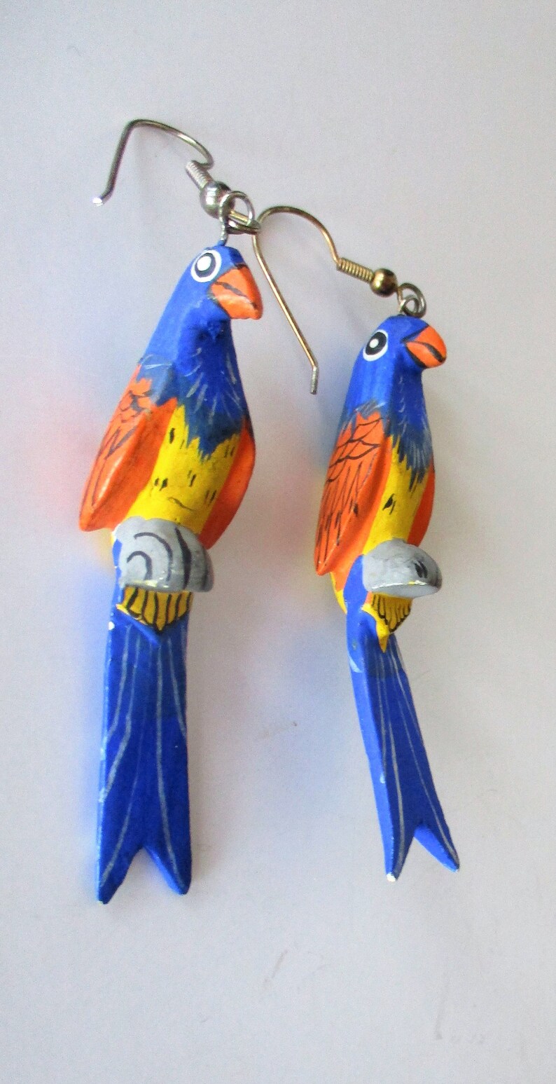 Vintage Parrot Earrings Colorful Long Hand Painted Wooden Etsy